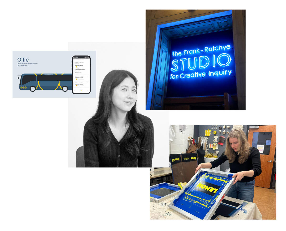A composite showing Ollie, a smart voice assistant, a window for the Frank-Ratchye STUDIO for Creative Inquiry, and the creation of Lemon, a student publication.