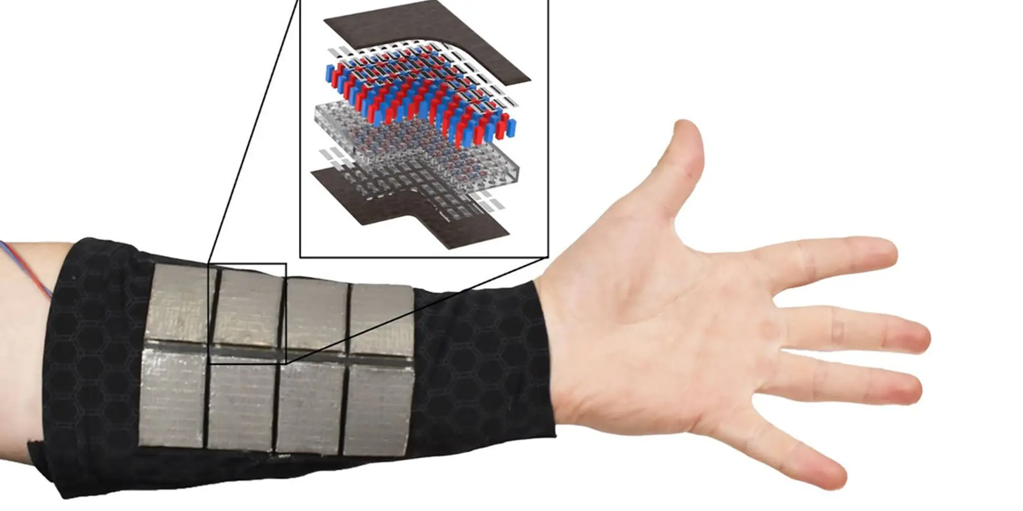 A diagram showing a hand wearing a new material system that can draw power from body heat. 