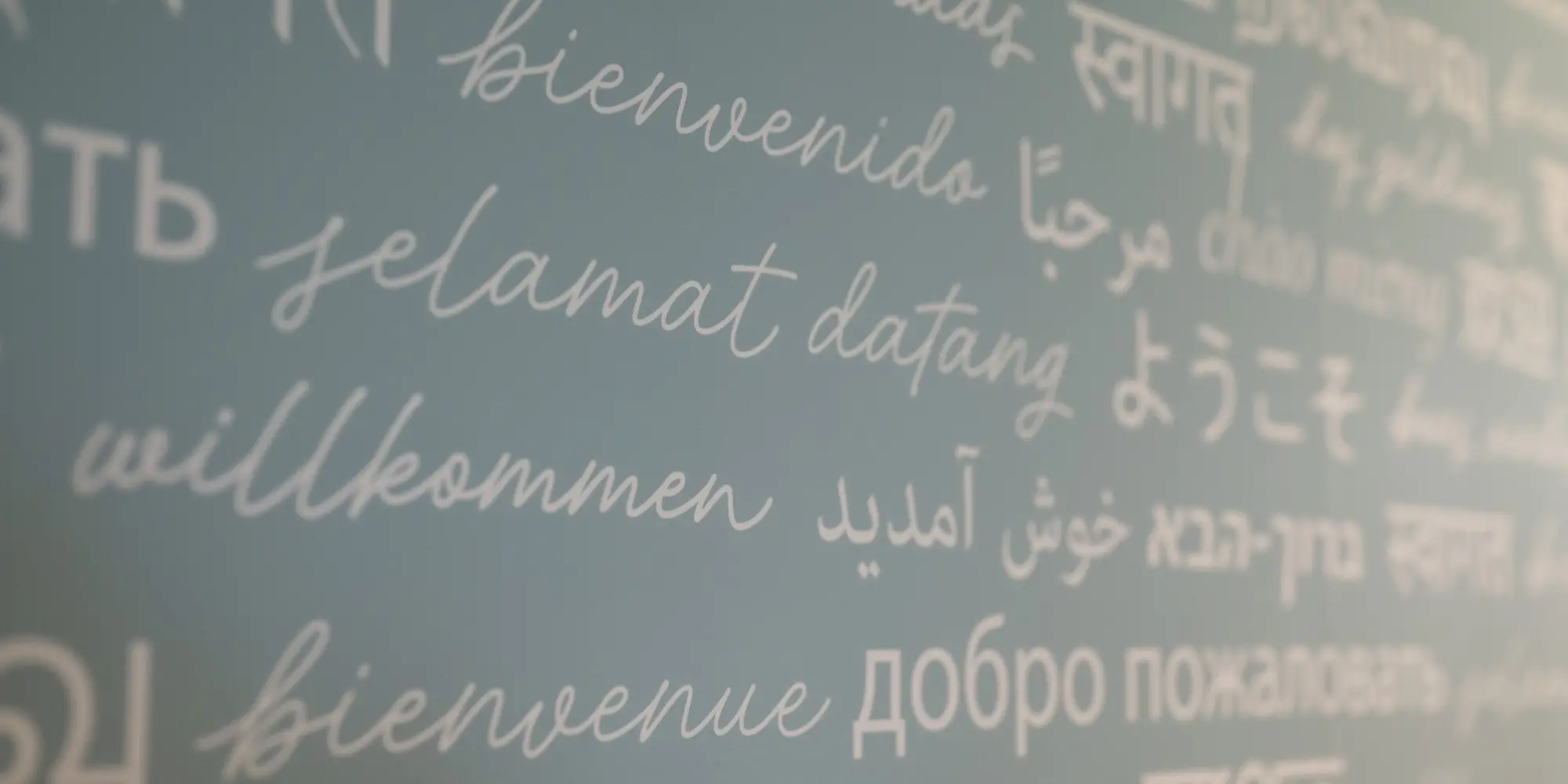 The word 'welcome' in various languages written on a wall. 