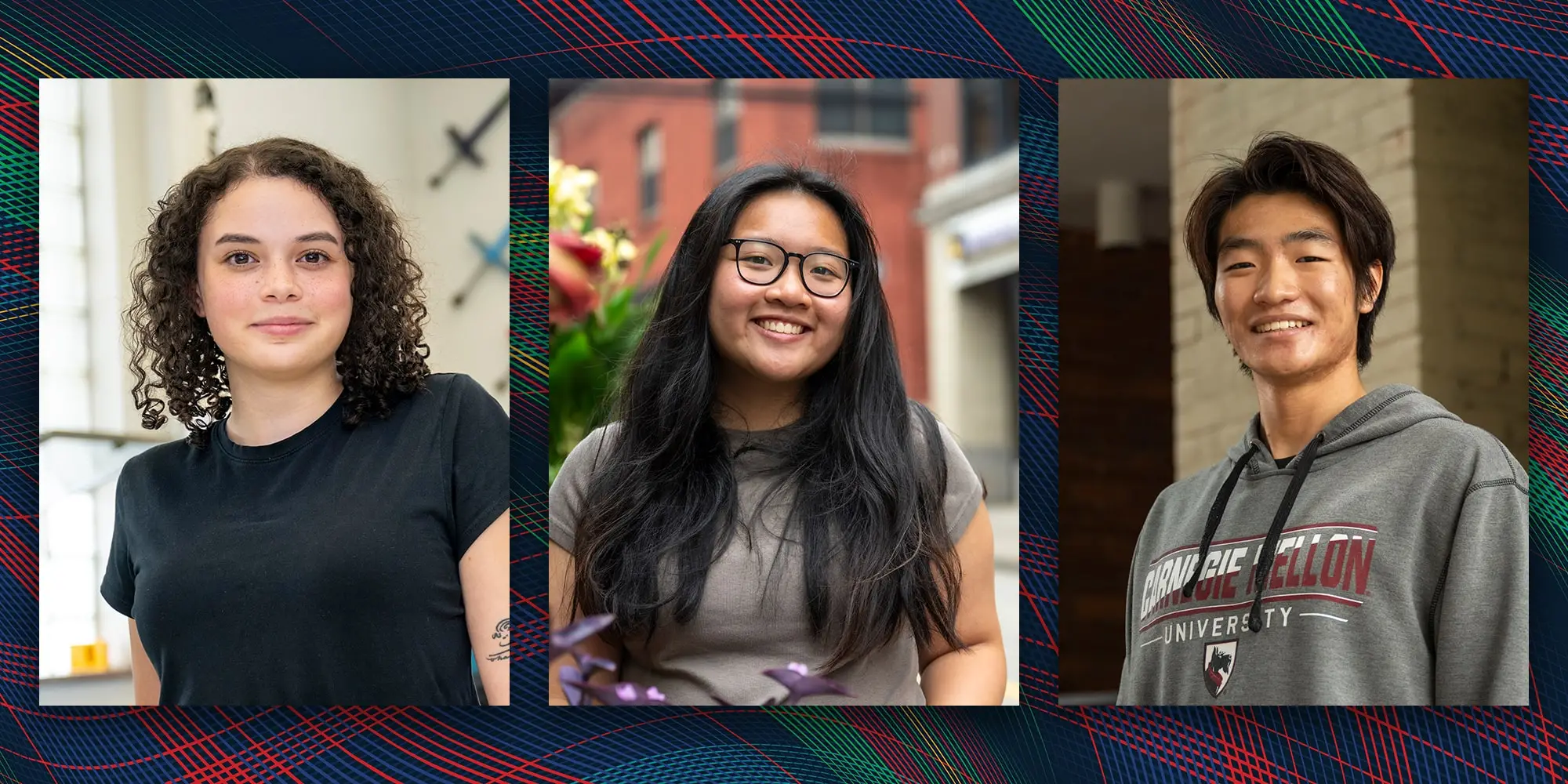 Three student portraits against a plaid background