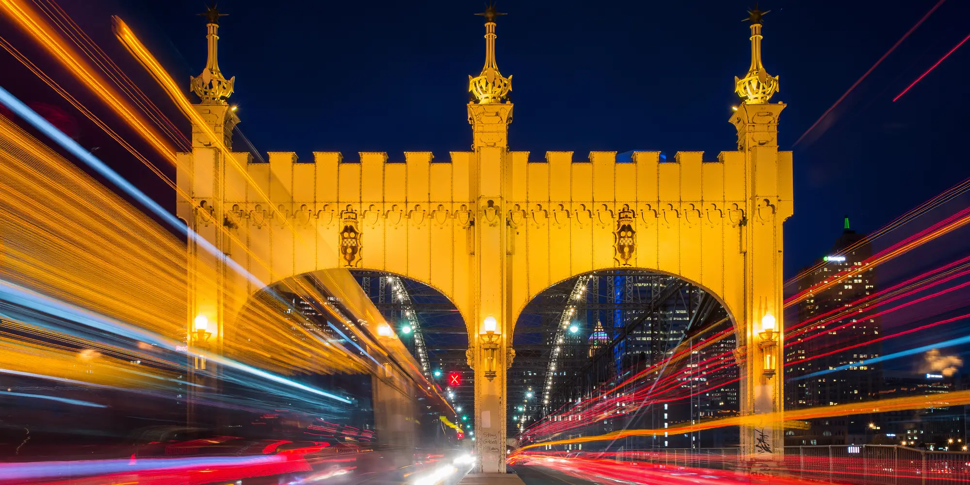 The Smithfield Street Bridge in Pittsburgh at night. 