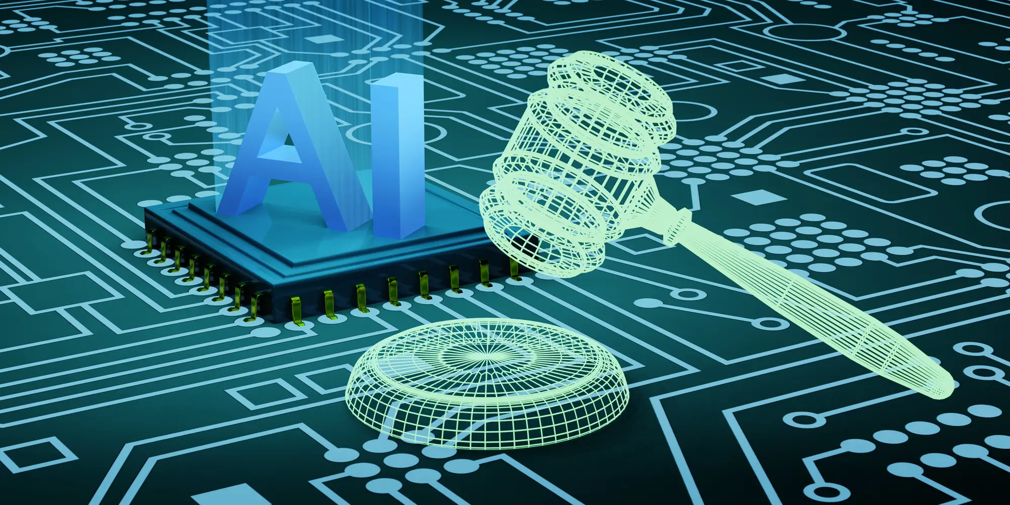 Alphabets AI on advanced central processing unit (CPU) chip and gavel and sound block in wireframe on electronic mother boards. Illustration of the concept of legislation and regulations of AI Act.