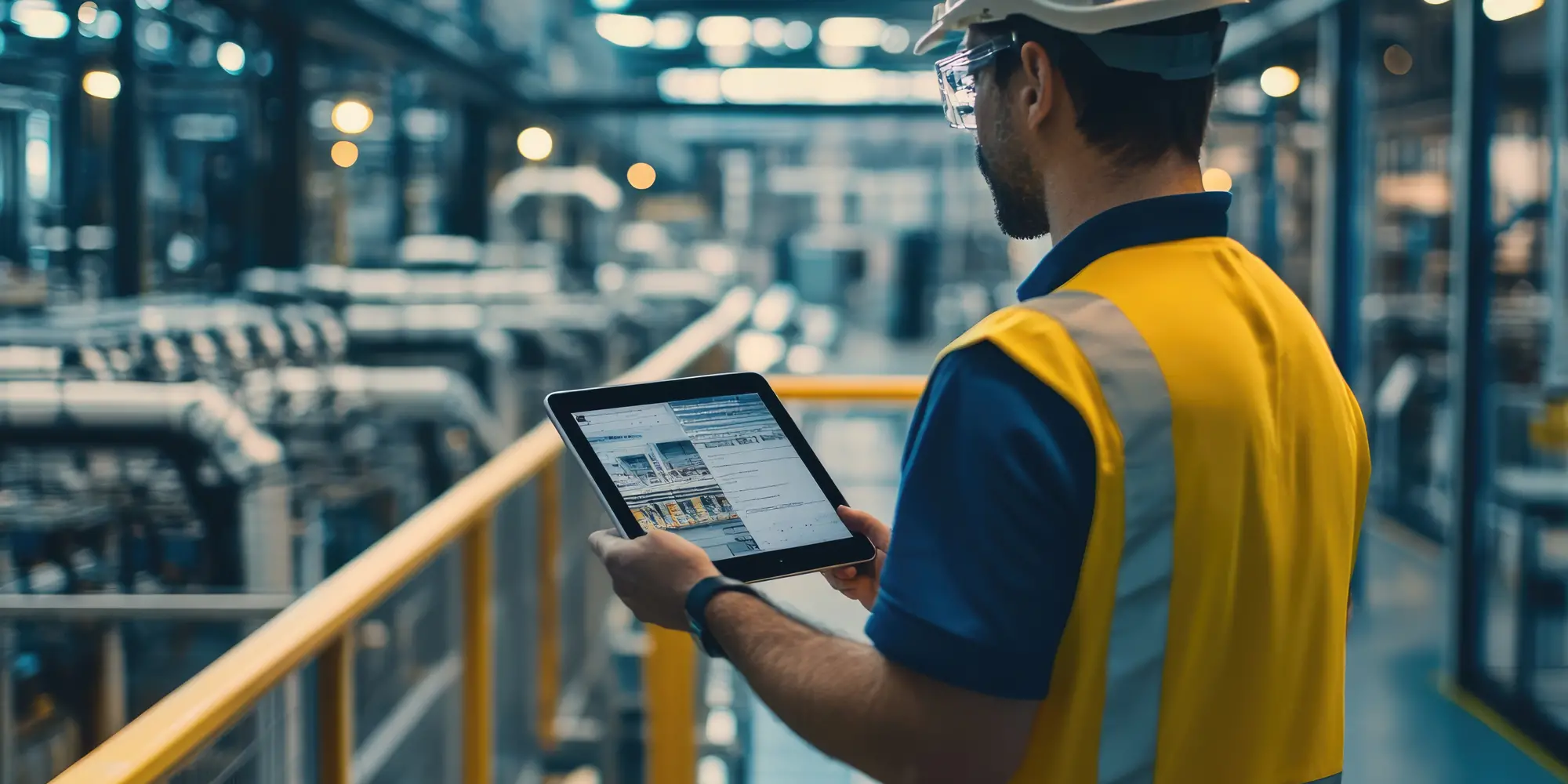 South European Worker in Modern Factory with iPad