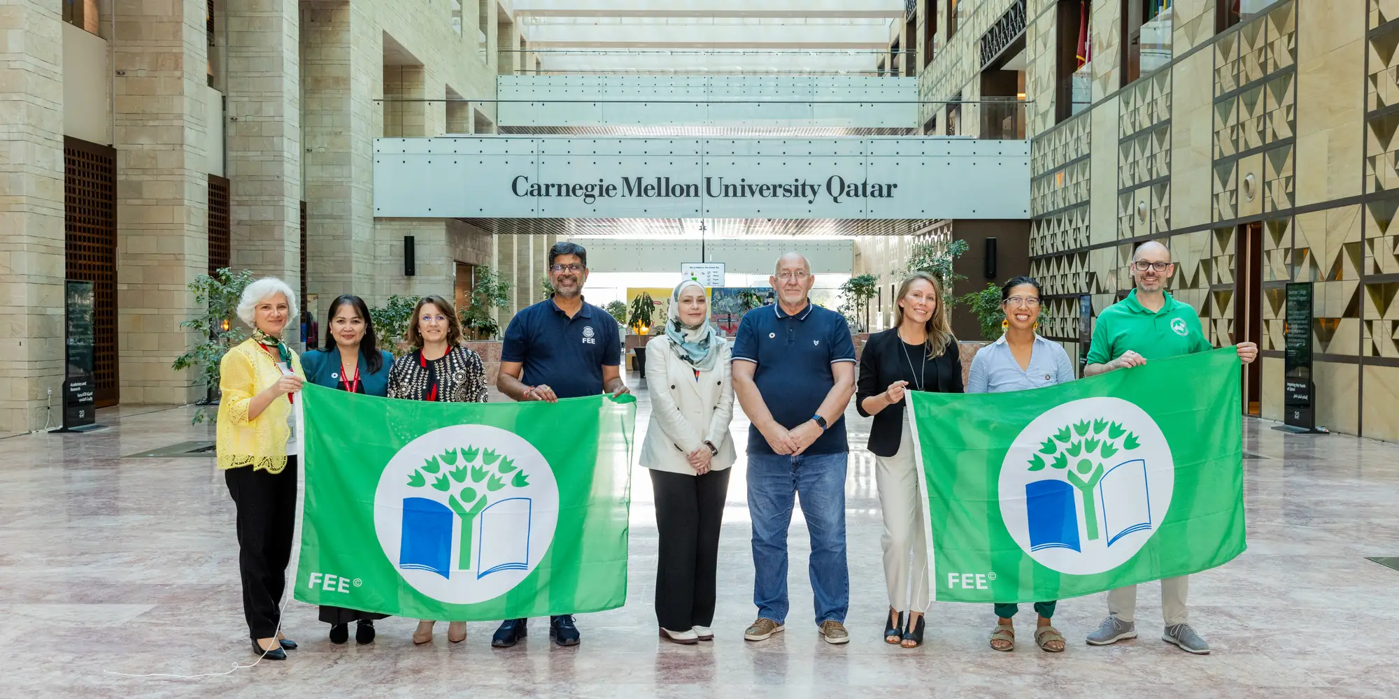 This photo includes, from left to right: CMU-Q's Elissar Hajjar, Rosemarie Florida, and Reya Saliba; FEE's Pramod Kumar Sharma; Earthna's Ruba Hinnawi; CMU-Q's Stephen Heath, Jennifer Bruder, Angela Ng, and Simon Faulkner.