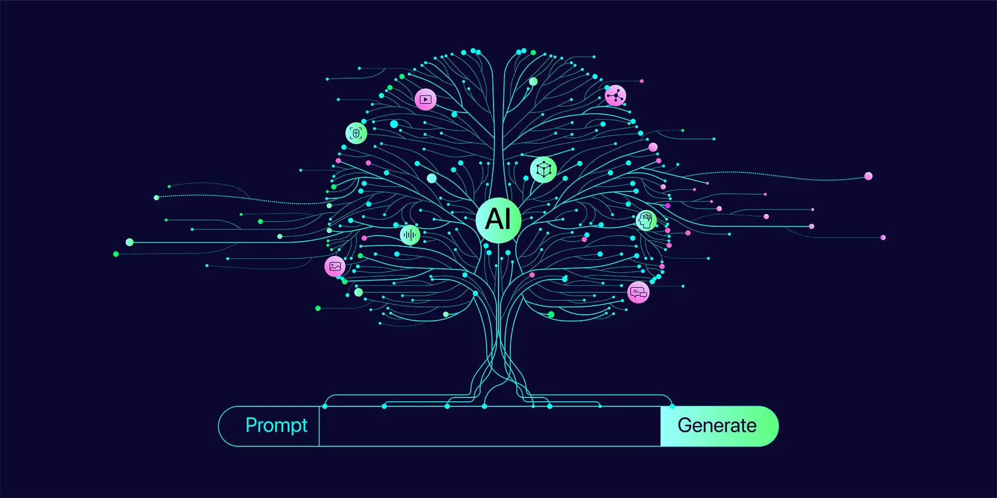 Illustration on a dark blue background of green lines and dots that make up the outline of a brain with bubbles throughout of icons, including one that says "AI", connecting like tree roots to a search prompt at the bottom