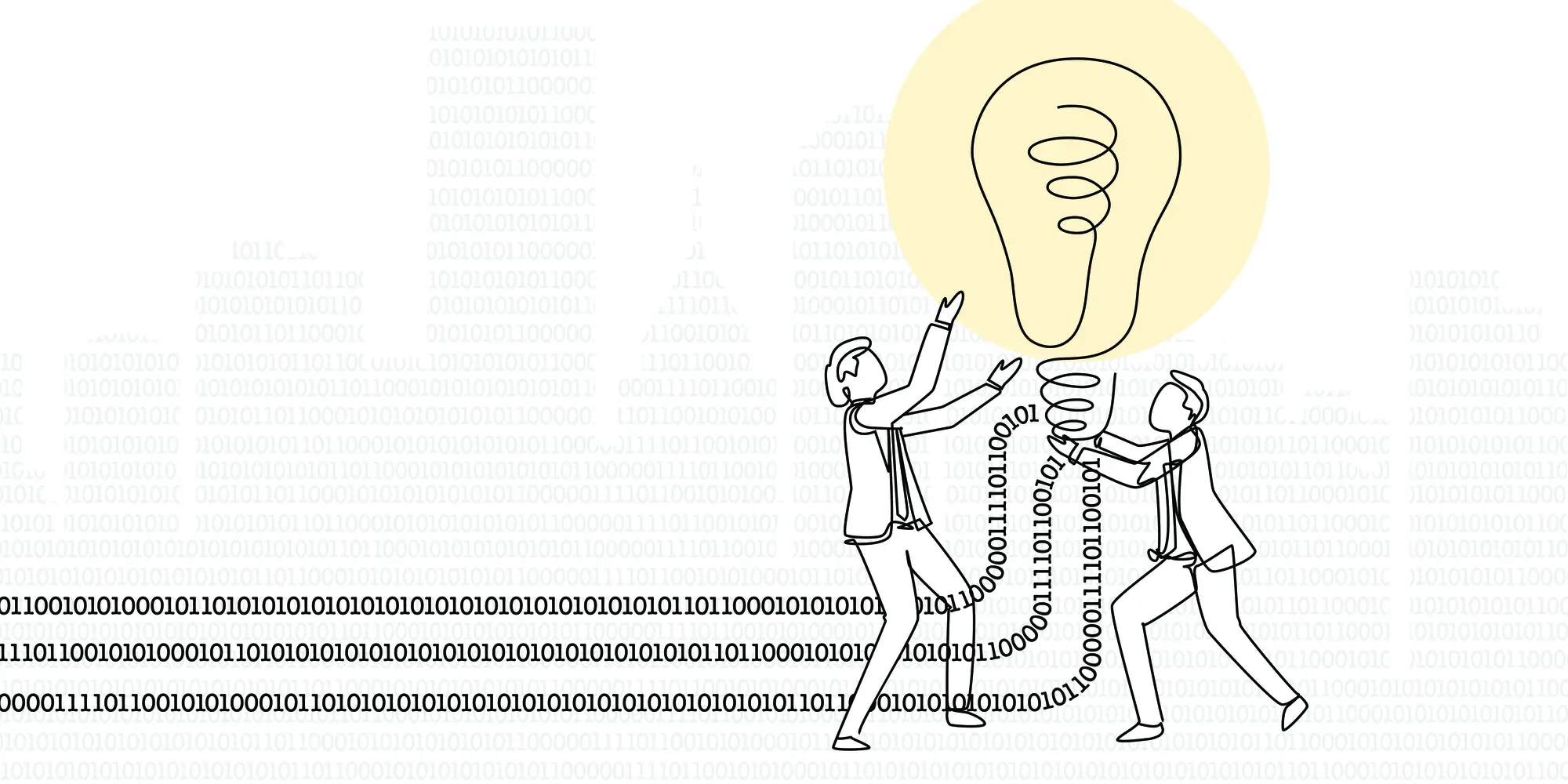 An illustration of two workers plugging binary lines into a lightbulb. 