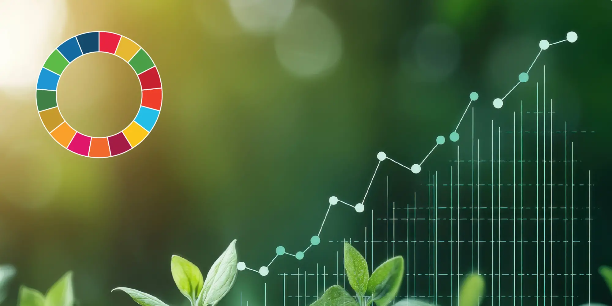 Plants growing out of dirt, with a rising graph line overlaid as well as a colored circle representing the SDGs.