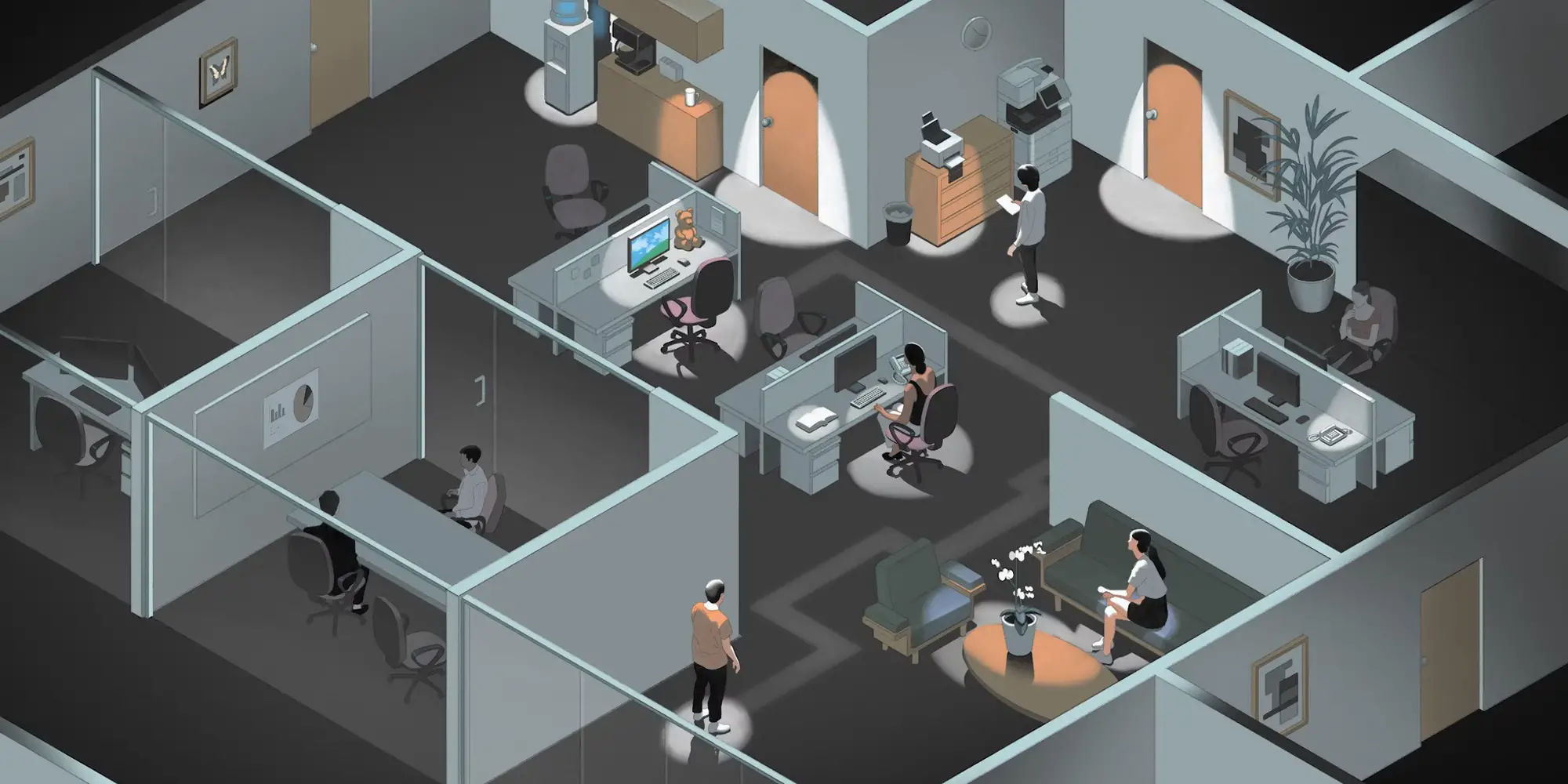 A rendering of an office area with cubicals.