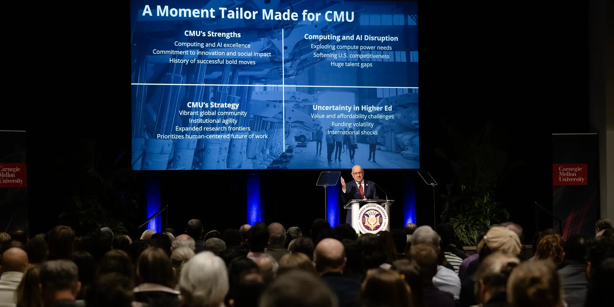Farnam Jahanian speaks at the State of the University address. 