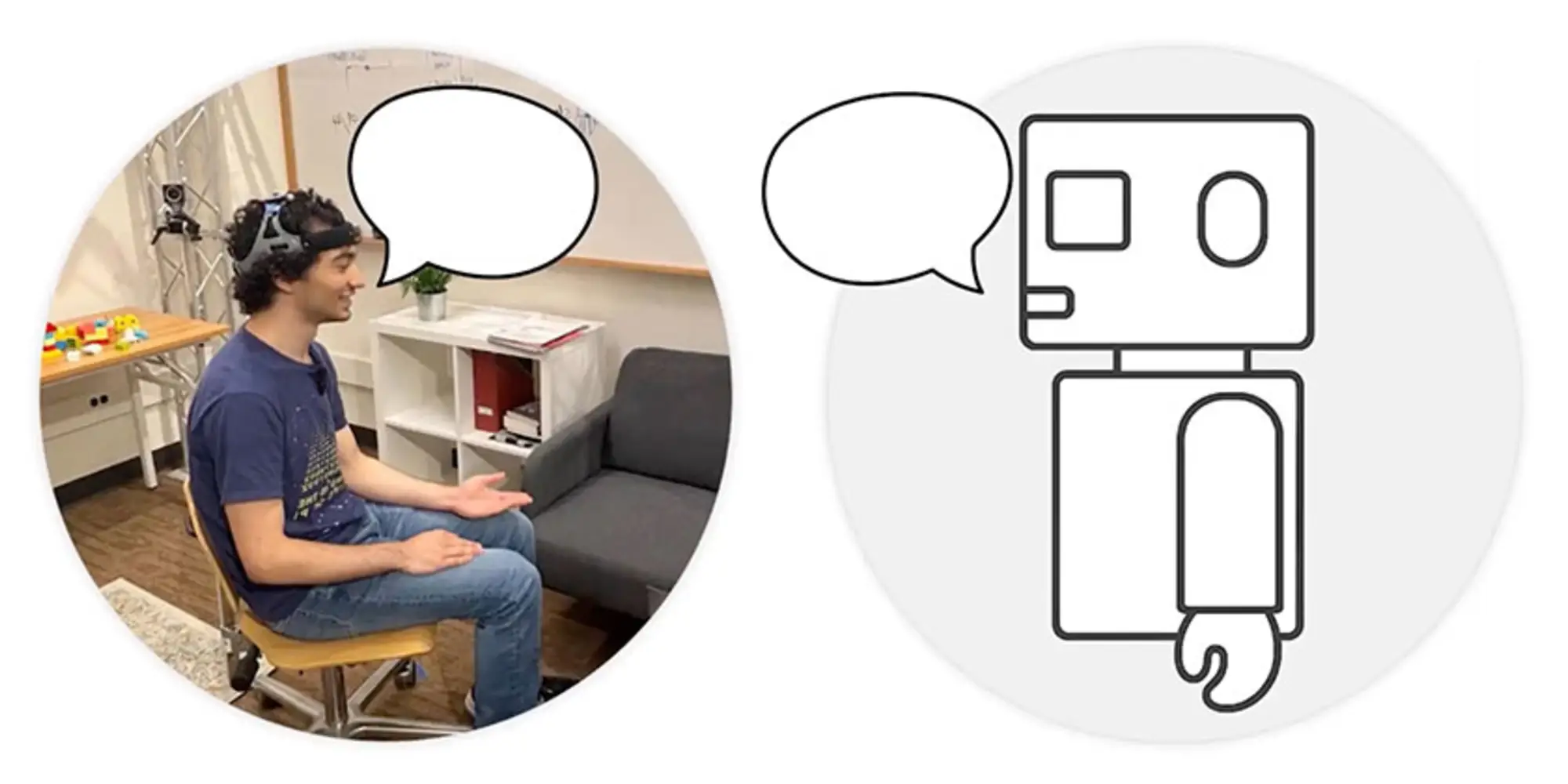 Jarod Bloch and illustration of a robot , both figures with cartoon speech bubbles 
