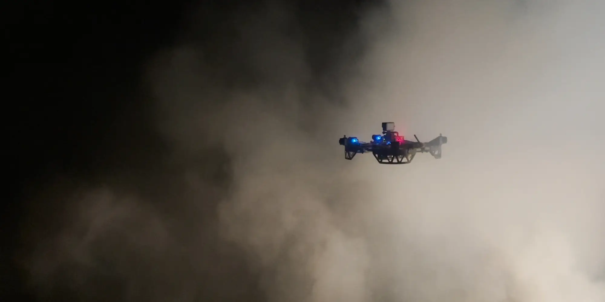 A drone navigates smoke during a wildfire.