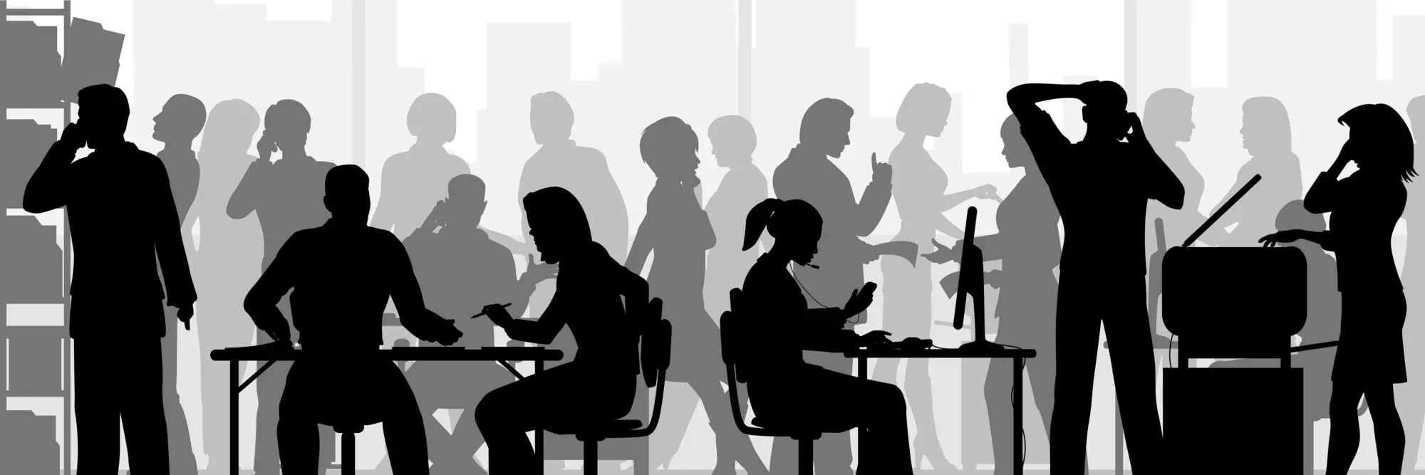 A black and white illustration of an office.