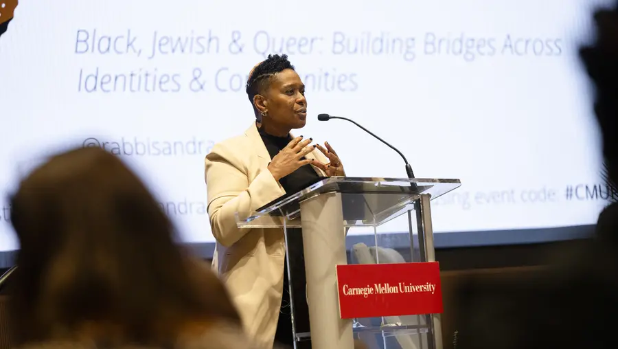 Rabbi Sandra Lawson speaks during the 2024 Pride Keynote Lecture at CMU.
