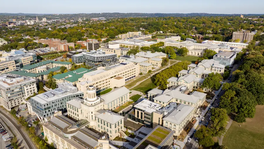 An aerial photograph of Carnegie Mellon's campus in the fall.