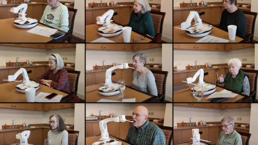 A collage of images of people using a robot arm.