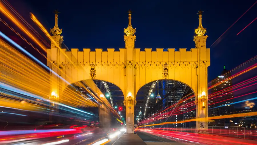The Smithfield Street Bridge in Pittsburgh at night. 