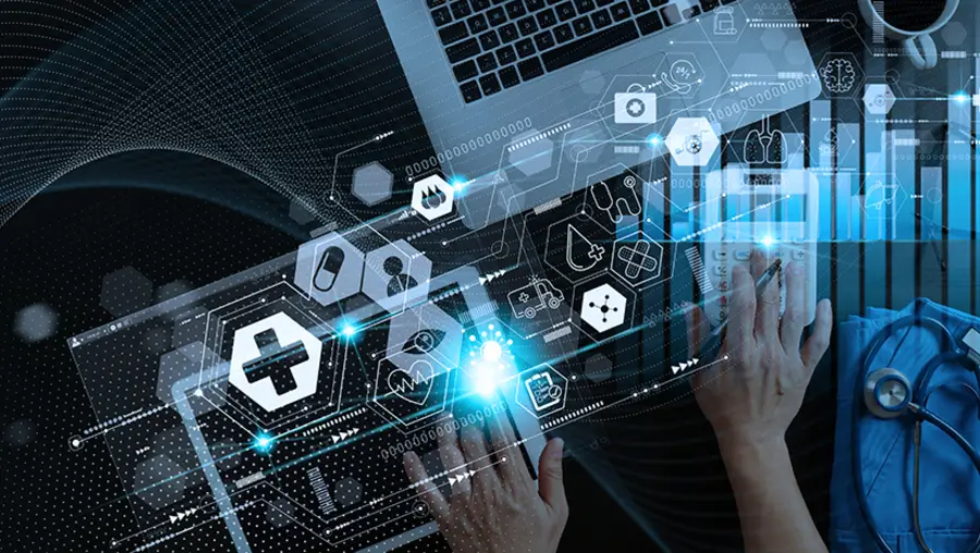 Computer with overlaid medical symbols