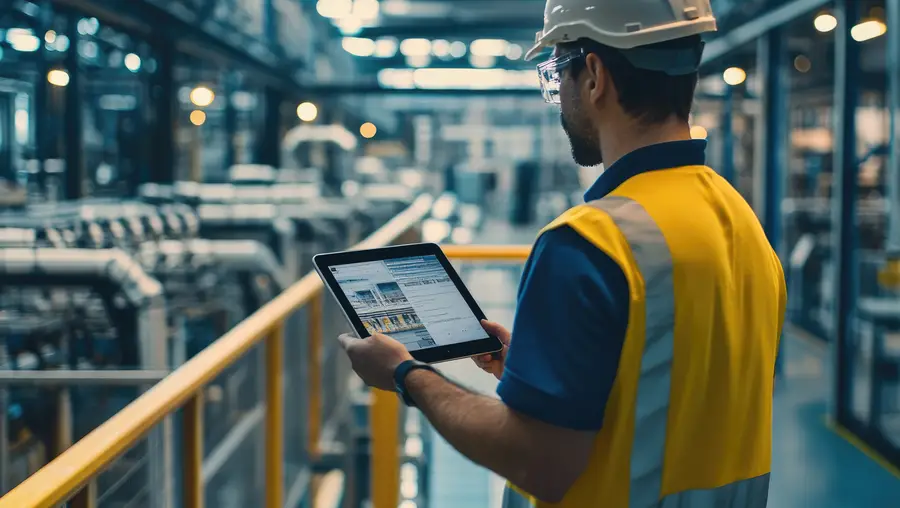 South European Worker in Modern Factory with iPad
