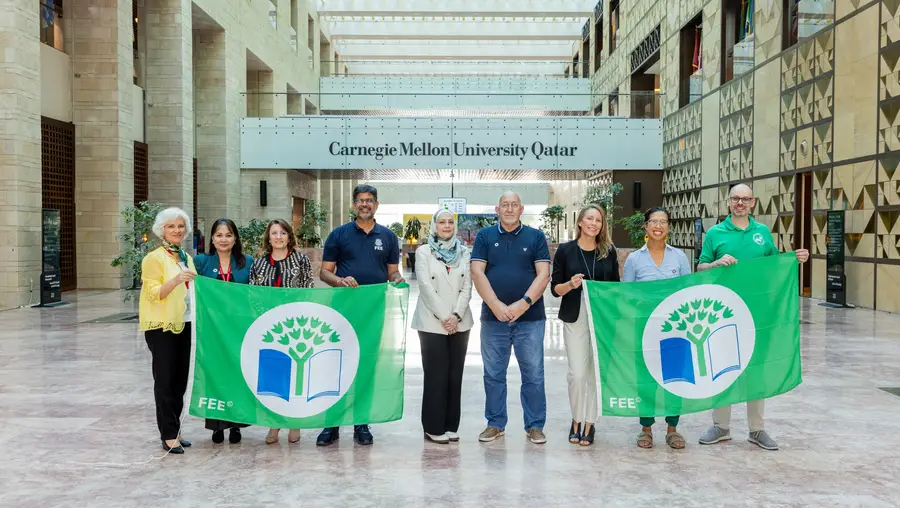 This photo includes, from left to right: CMU-Q's Elissar Hajjar, Rosemarie Florida, and Reya Saliba; FEE's Pramod Kumar Sharma; Earthna's Ruba Hinnawi; CMU-Q's Stephen Heath, Jennifer Bruder, Angela Ng, and Simon Faulkner.