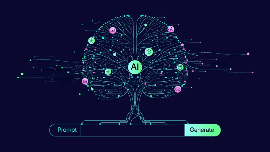 Illustration on a dark blue background of green lines and dots that make up the outline of a brain with bubbles throughout of icons, including one that says "AI", connecting like tree roots to a search prompt at the bottom