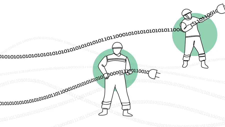 An illustration of researchers carrying binary lines of code. 