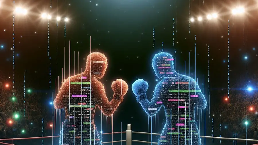 Two boxers made up of computer code stand ready to fight in a boxing ring