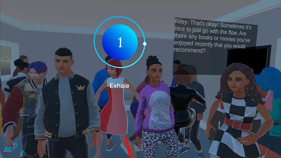 Virtual reality rendering of a party with multiple people and text on the screen prompting a breathing exercise.