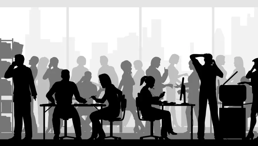 A black and white illustration of an office.