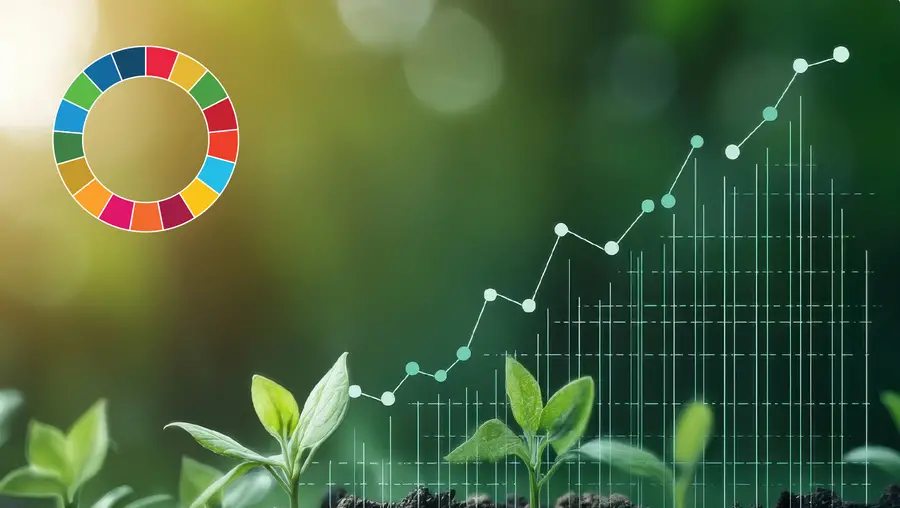 Plants growing out of dirt, with a rising graph line overlaid as well as a colored circle representing the SDGs.