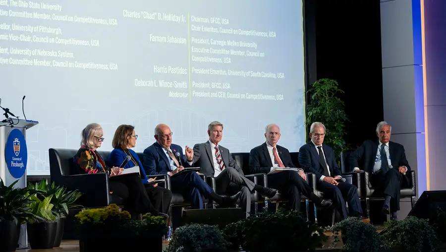 President Jahanian (third from left) joins national academic leaders on the opening panel, “The Health, AI and Productivity Imperative.”