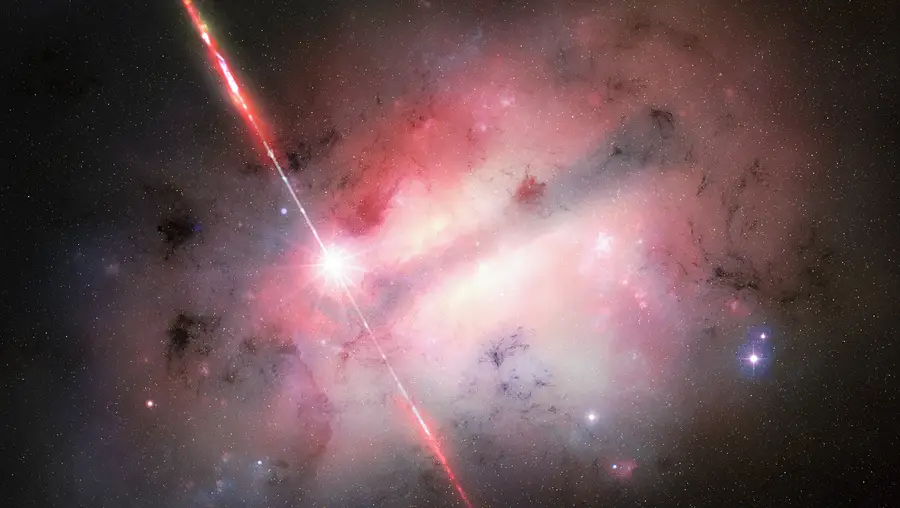 A bright, mottled cloud dominates this artistic view of a large, dusty galaxy seen nearly edge on. Layers of white, yellow, and red extend from the darker central plane, silhouetting the smoky tendrils of dust clouds in the foreground. One brilliant star dominates the scene just left of center. Long white and red rays — the burst’s particle jets — extend from the star to the top left and toward bottom center. At the fringes of the galaxy is a dark background sprinkled  with stars