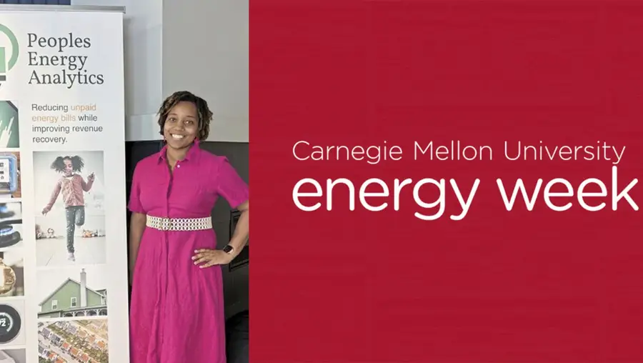 Destenie Nock next to a Peoples Energy Analytics sign/Carnegie Mellon University Energy Week