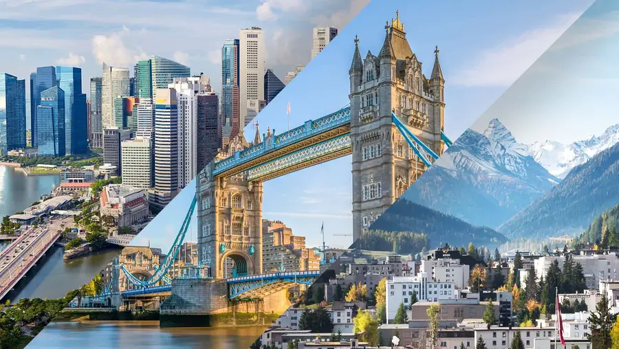 A photo collage showing London, Singapore and Davos.