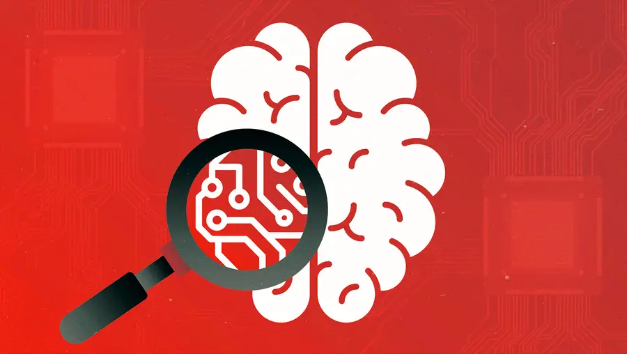 a cartoon image of a white human brain on a red background with a magnifying glass over. part of it showing connections illustrated as electronic components 
