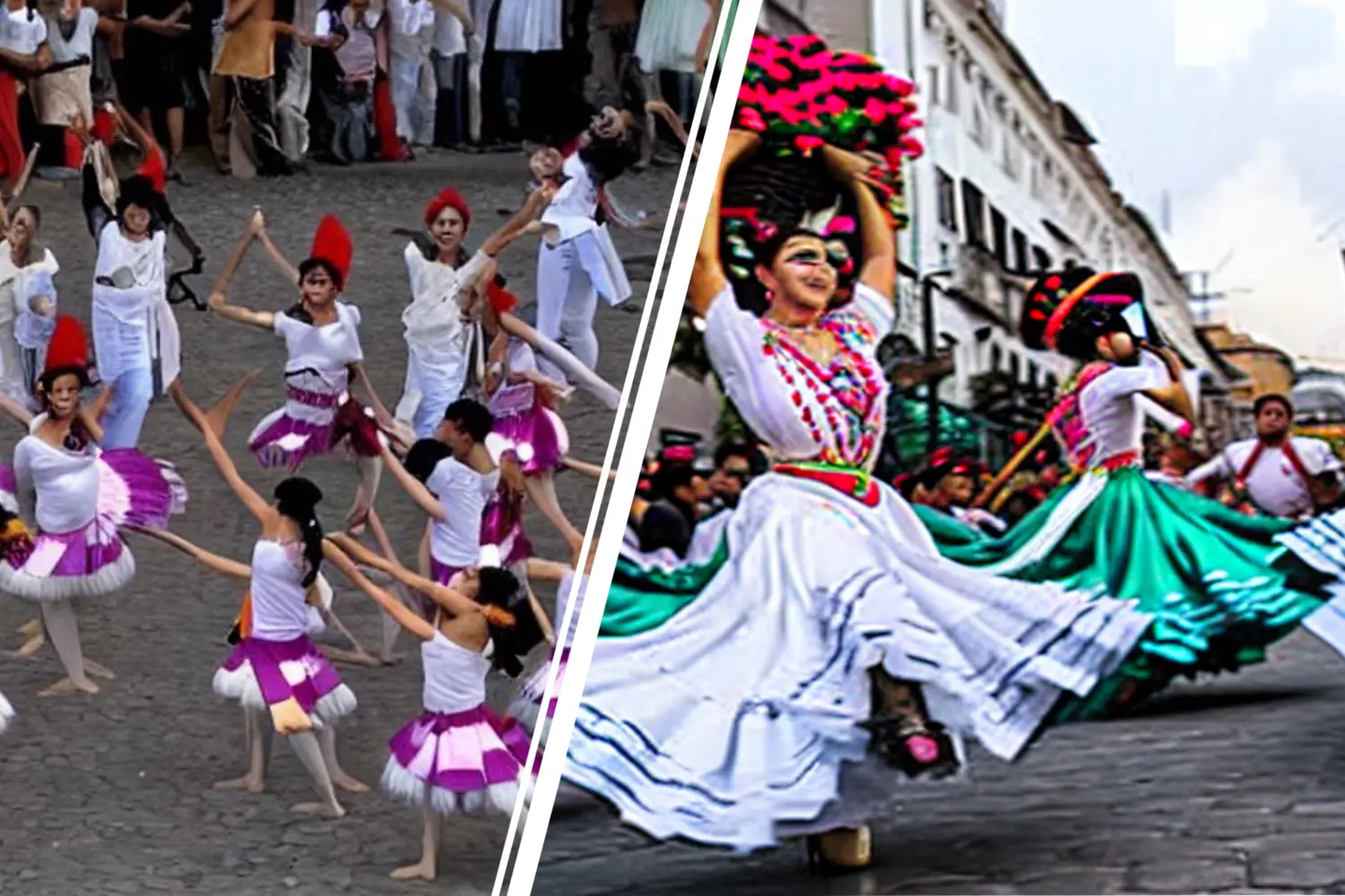 A prompt for Mexican dancers from an AI image generator produced the strange ballerinas at left; a new CMU-designed filter makes the image more appropriate and realistic, right. Image credit: Zhixuan Liu, Jean Oh, et al. 2024. SCoFT: Self-Contrastive Fine-Tuning for Equitable Image Generation.