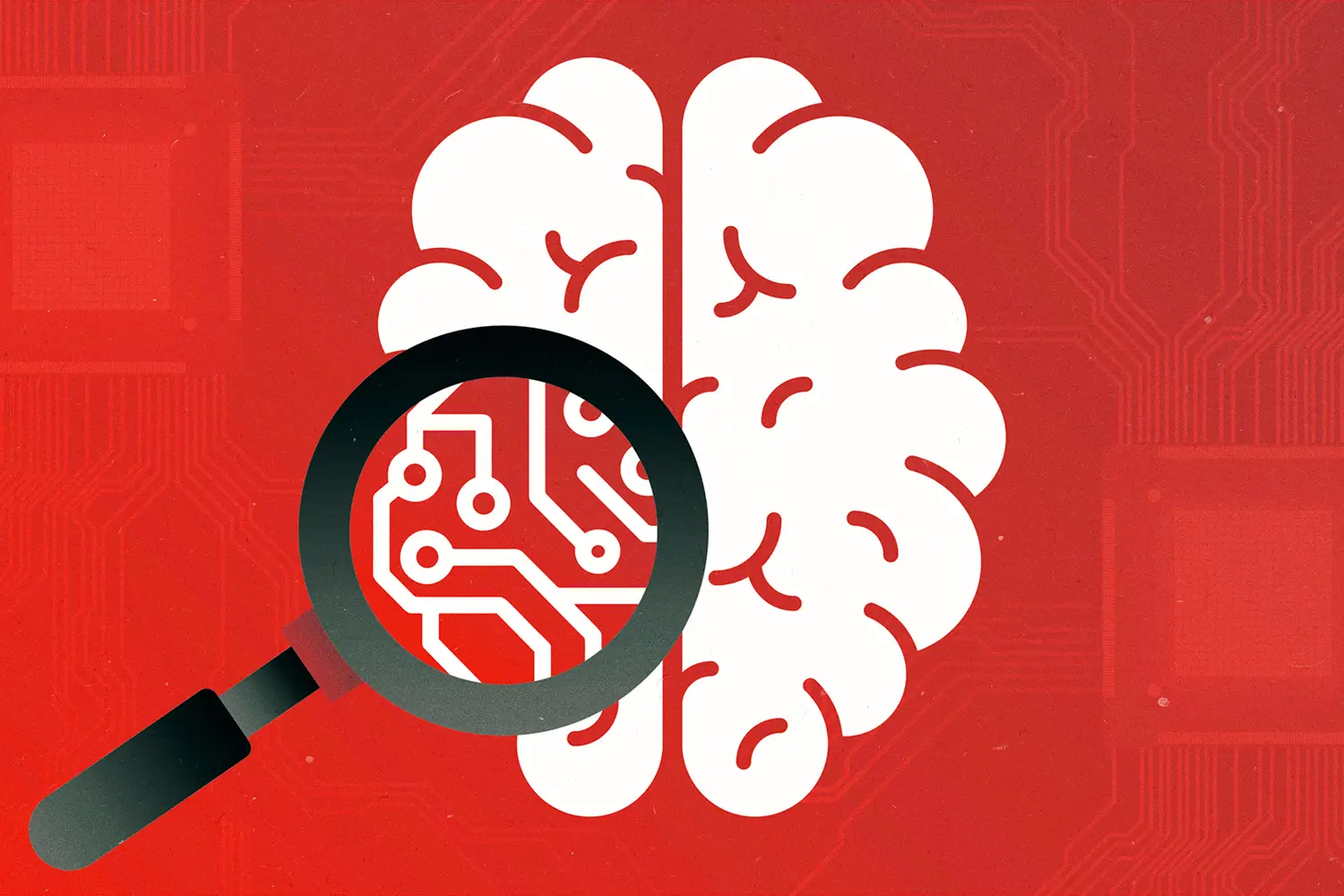 a cartoon image of a white human brain on a red background with a magnifying glass over. part of it showing connections illustrated as electronic components 