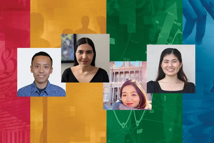 four headshots on a red yellow and green background