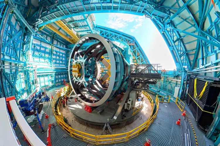 view of the telescope mount inside the dome of the Rubin Observatory