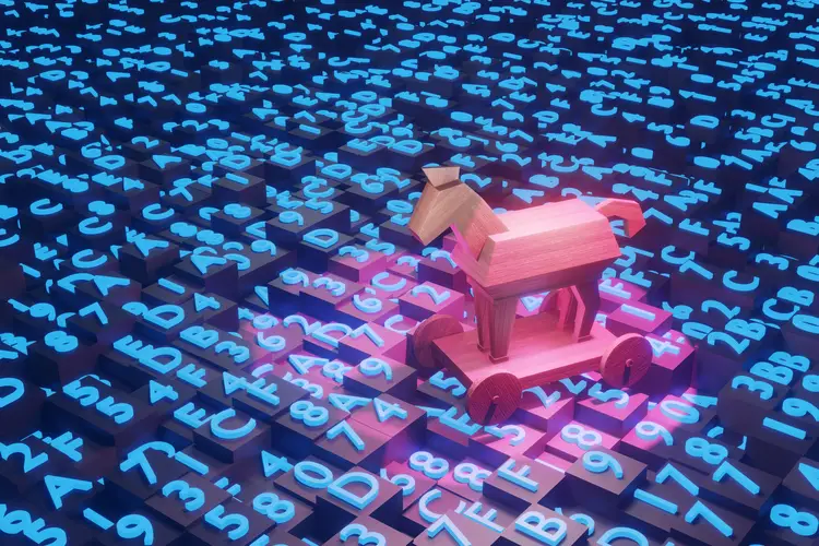 Trojan horse on top of blocks of hexadecimal programming codes. Illustration of the concept of online hacking, computer spyware, malware and ransomware. stock photo