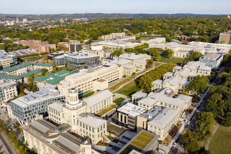 An aerial photograph of Carnegie Mellon's campus in the fall.