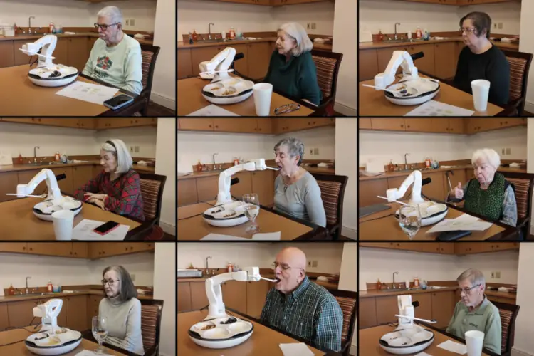 A collage of images of people using a robot arm.