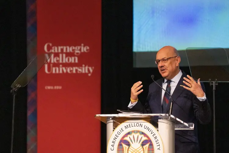 CMU President Farnam Jahanian speaks during the 2023 State of the University address.