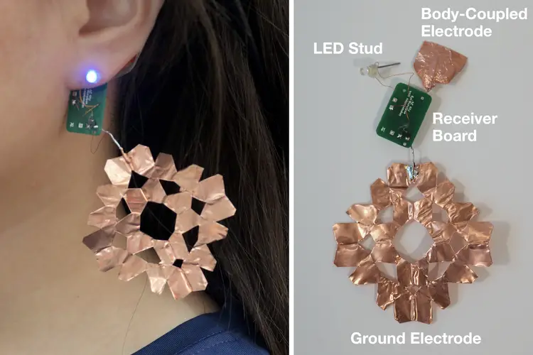 Light-up earring made of an LED stud, small receiver board, and two flat copper electrodes