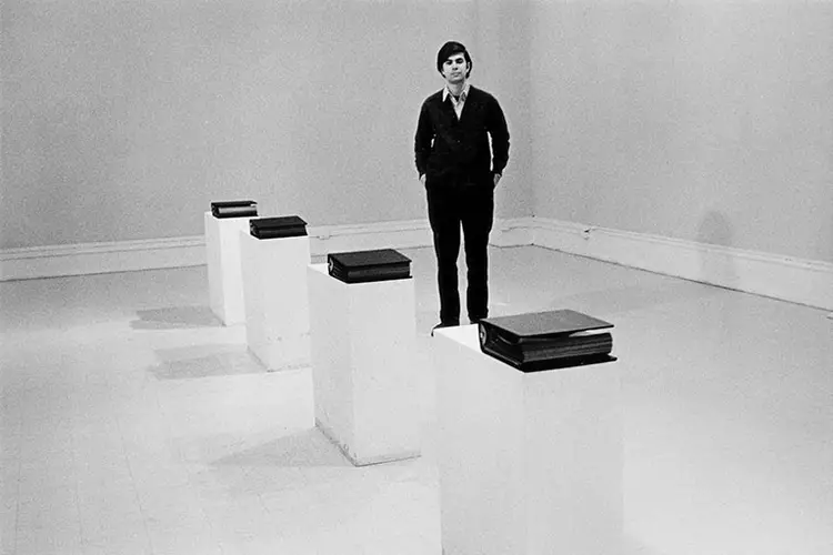 Mel Bochner, "Working Drawings and Other Visible Things on Paper Not Necessarily Meant to Be Viewed as Art," 1966, 4 identical looseleaf notebooks, each with 100 xerox copies of studio notes, working drawings, and diagrams collected and xeroxed by the artist, displayed on 4 sculpture stands