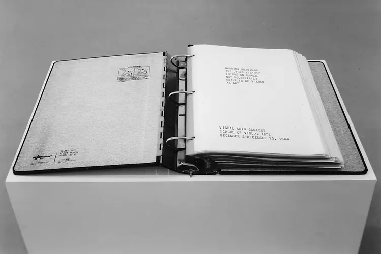 "Working Drawings and Other Visible Things on Paper Not Necessarily Meant to Be Viewed as Art," 1966, 4 identical looseleaf notebooks, each with 100 xerox copies of studio notes, working drawings, and diagrams collected and xeroxed by the artist, displayed on 4 sculpture stands