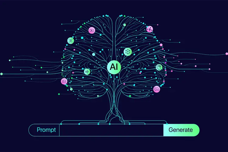 Illustration on a dark blue background of green lines and dots that make up the outline of a brain with bubbles throughout of icons, including one that says "AI", connecting like tree roots to a search prompt at the bottom
