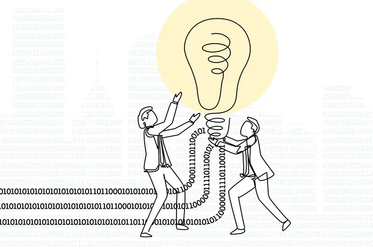 An illustration of two workers plugging binary lines into a lightbulb. 