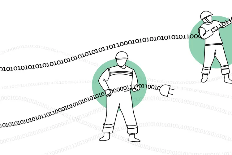 An illustration of researchers carrying binary lines of code. 