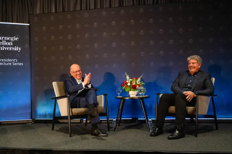 Farnam Jahanian speaks with John Wells at the Presidents Lecture Serires.