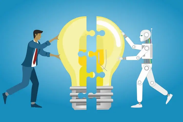 Graphic of a human and a humanoid robot putting together a lightbulb made of puzzle pieces
